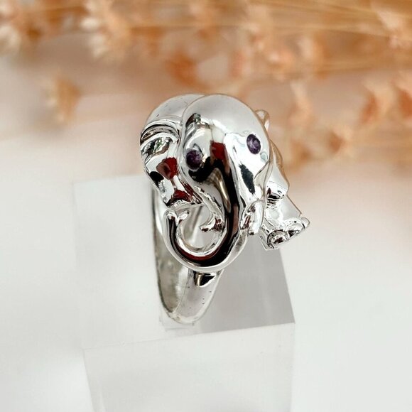 Weatherproof Jewelry - Amethyst Gemstone Eyes Elephant Polished Sterling Silver Vintage Ring - 6.75